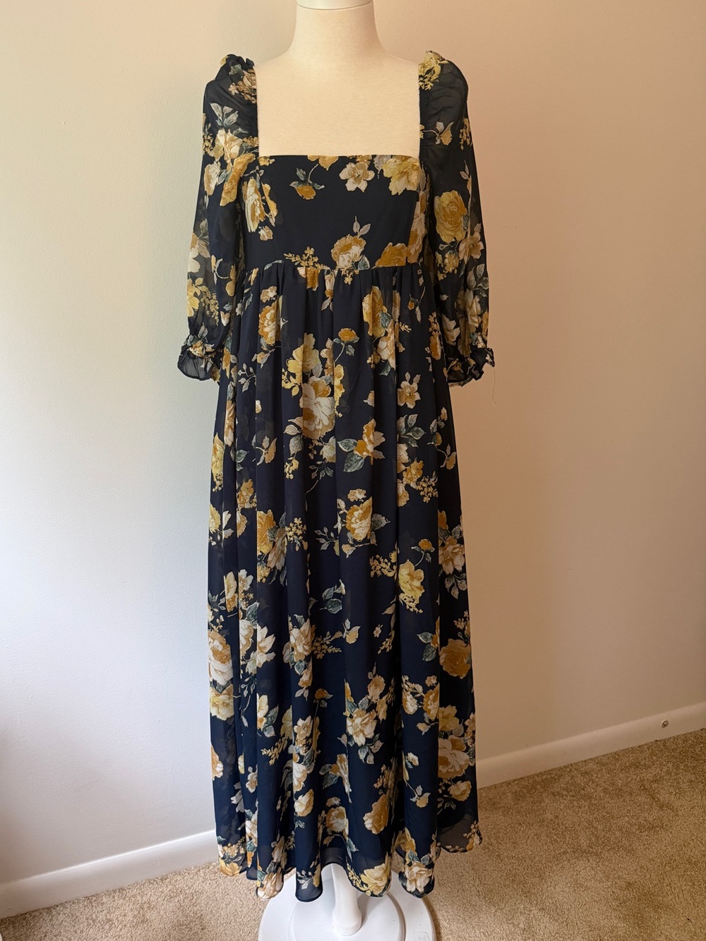 Storia Floral Square-Neck Maxi Dress in Navy Blue and Mustard